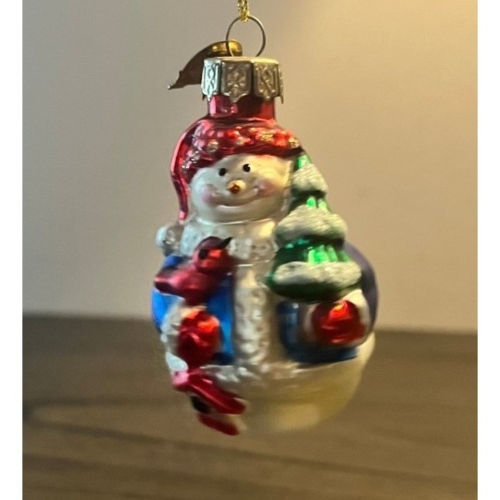 Thomas Pacconi Classics Snowman with Christmas Tree Blown Glass Ornament 3.25"